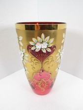 Vintage Venetian Bohemian Ruby Red Glass Vase Heavy Gold Gilt Raised Floral 9.75