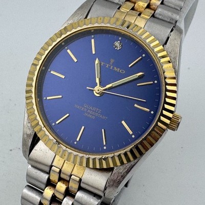 VTG OTTIMO Quartz Watch Men 30m Dual Tone Fluted Bezel Diamond New Battery 7.75''