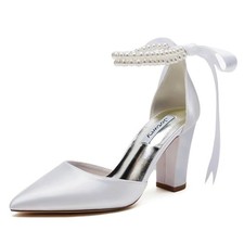 Satin Wedding Shoes for Bride Block Heel Bridal Shoes Pointed Toe Pearl Weddi...