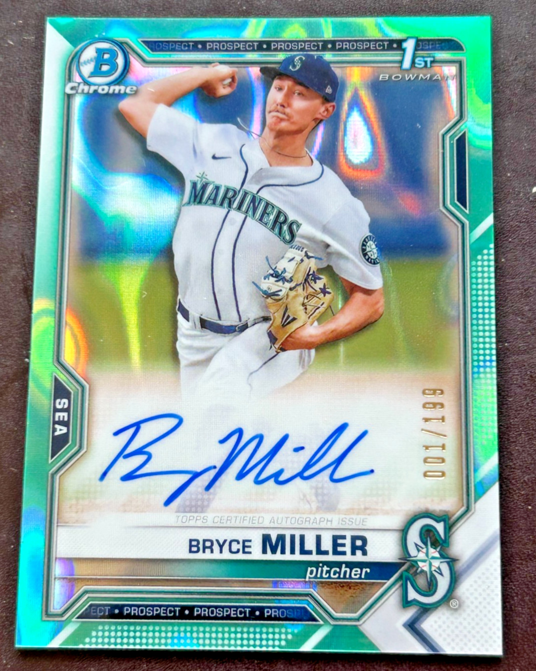 2021 Bryce Miller 1st Bowman Chrome Auto Aqua Lava Refractor 001/199 RC Mariners