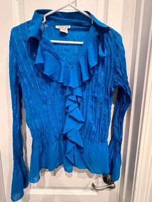 Notations Women s Sheer Ruffle Front Button Blouse Blue Size Small