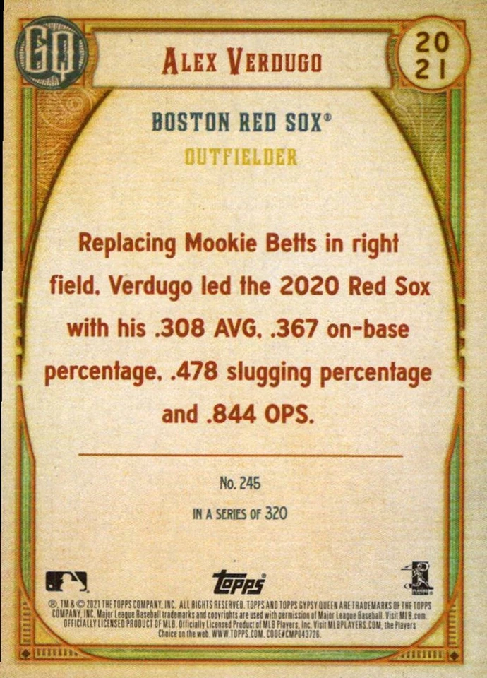 2021 Topps Alex Verdugo Boston Red Sox #214 - Image 2 of 2
