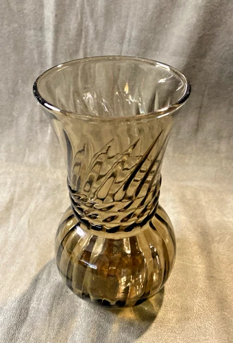 Vintage ANCHOR HOCKING Smoky Brown Topaz Optic Swirl Braided Rope Flower Vase