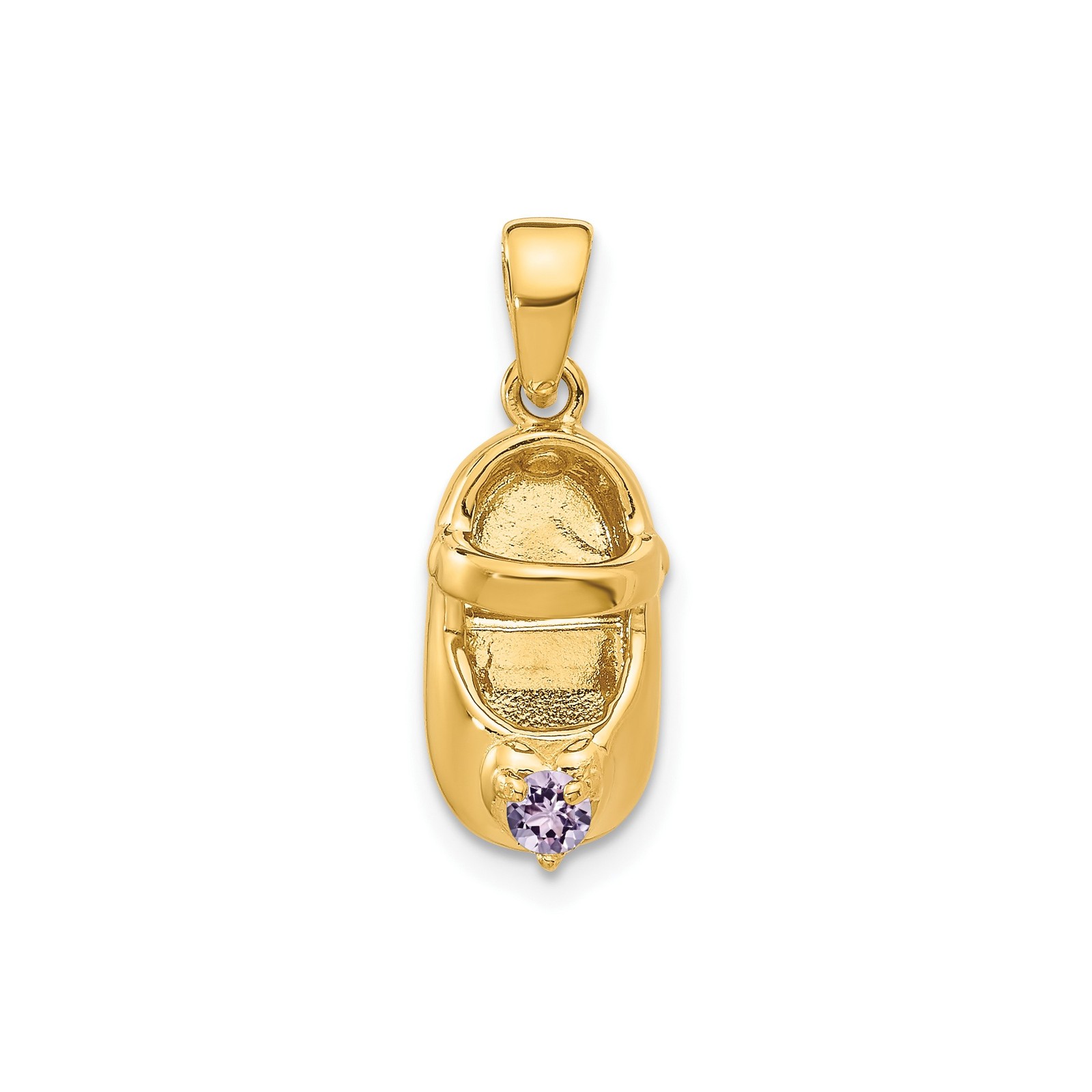 10k Yellow Gold Baby Shoe Pendant with Purple Stone Symbol for Motherhood Charm