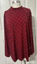 Susan Graver Women’s Red & Black Floral Stretch Knit Top Long Sleeve Size XL