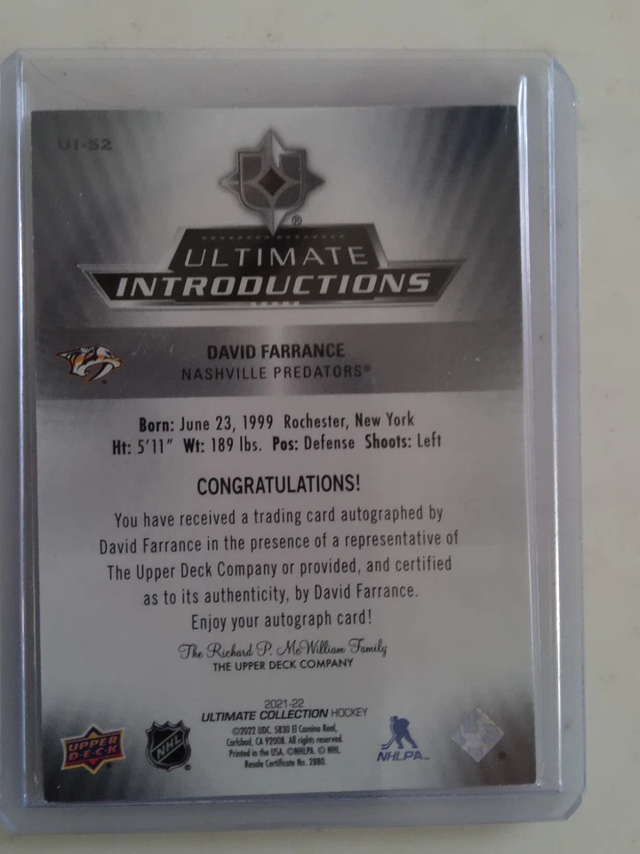 2022 UD#UI-52 ULTIMATE INTRODUCTIONS DAVID FARRANCE ROOKIE AUTO - Image 2 of 2