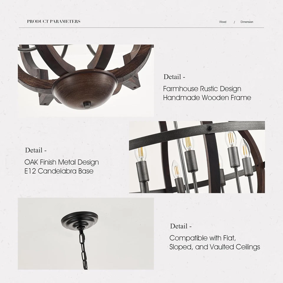 全新 31.5 英寸 8 灯农舍乡村橡木棕色木质吊坠 轻质 快速发货 — 第 3/4 张图片