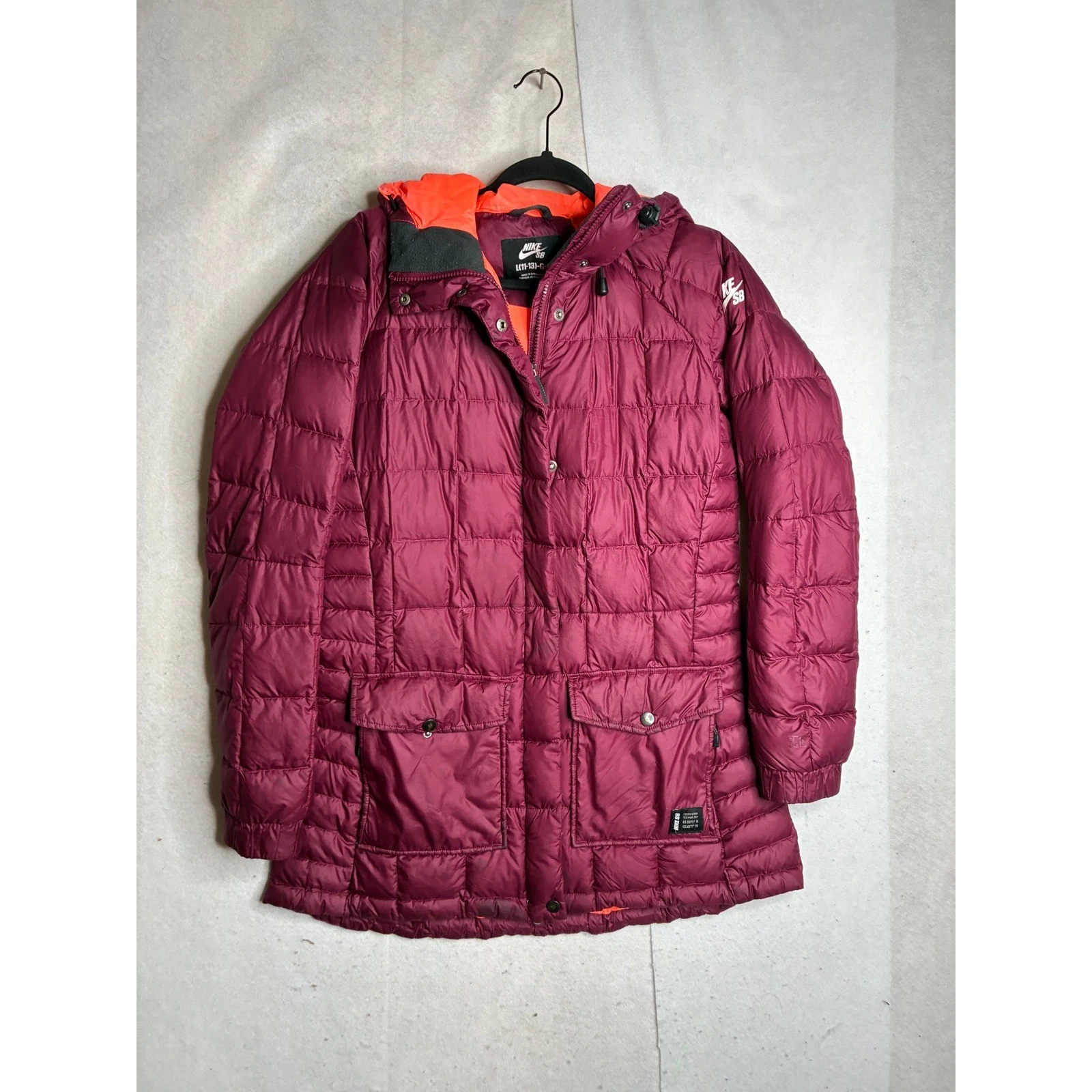 Nike SB Girls Burgundy Down Puffer Parka Jacket Maroon Orange Hooded L 11-13 615
