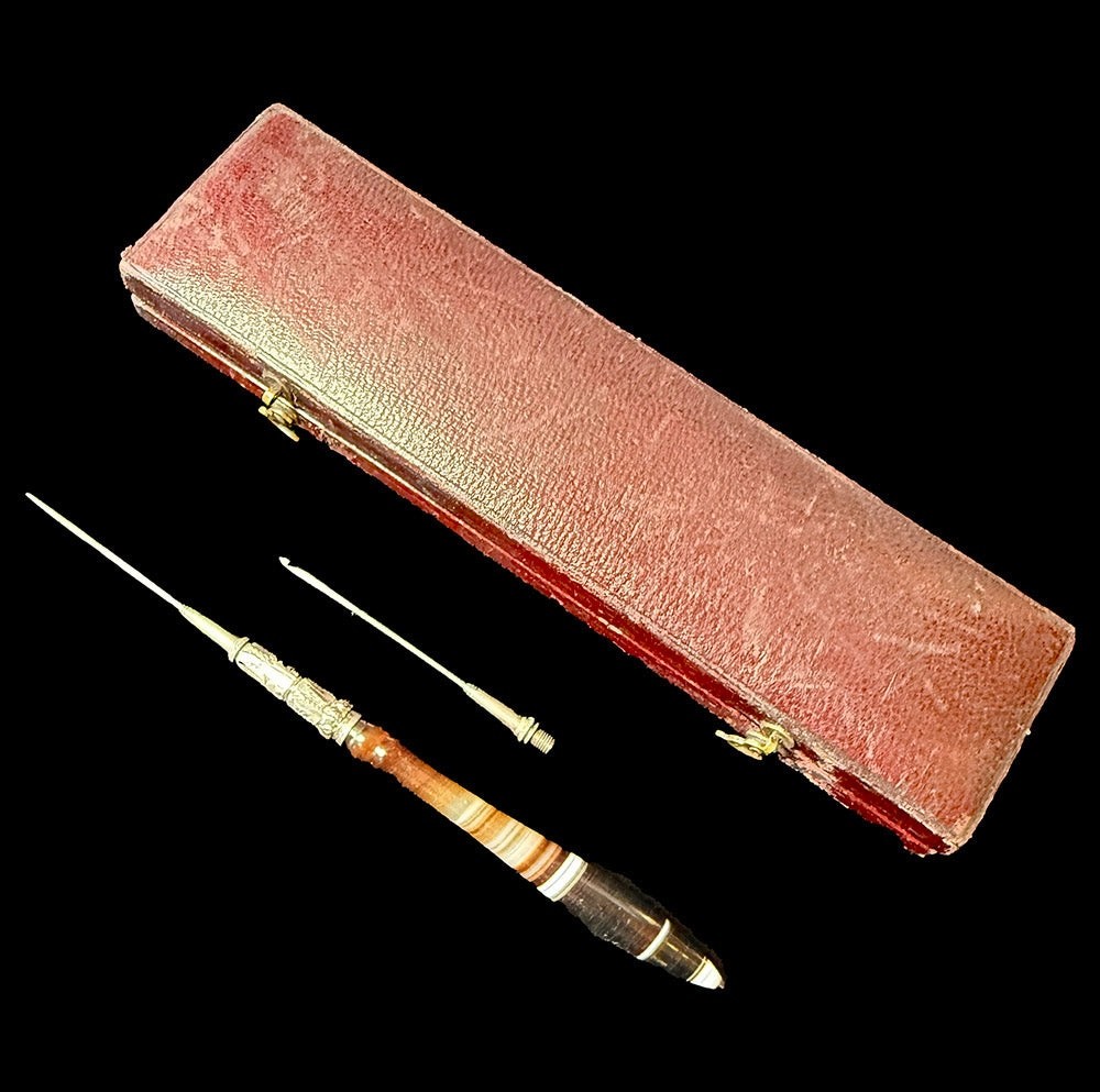 Antique French Crochet Tambour, Banded Agate Handle, 2 Hooks in Original Box