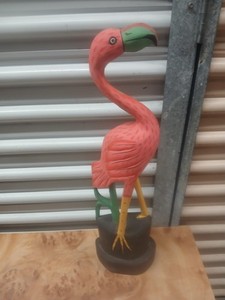 21" Hand Carved Beautiful Wood Pink Flamingo Bird Sculpture Tropical Home Decor