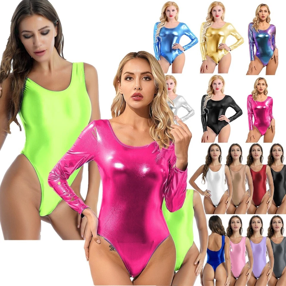 DE*Damen Metallic Body Lackleder Bodysuits Catsuit Langarm/Kurzarm Turnanzug - Bild 3 von 3