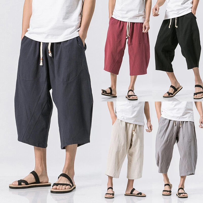 Mens 3/4 Plain Linen Shorts Trousers Summer Casual Capri Loose Pants Plus Size