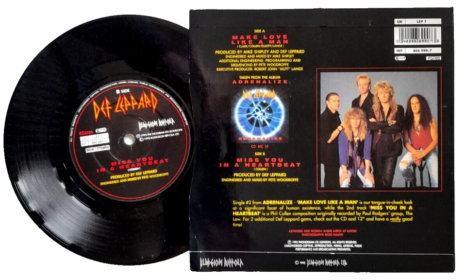 NM/NM Def Leppard Make Love Like A Man 7" Vinyl 45 (1992) - Image 2 of 2