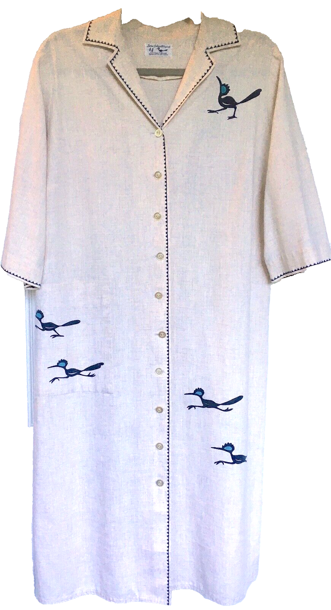 NEW Vintage Leona Caldwell Linen Coat-Dress Silk-screen Roadrunner
