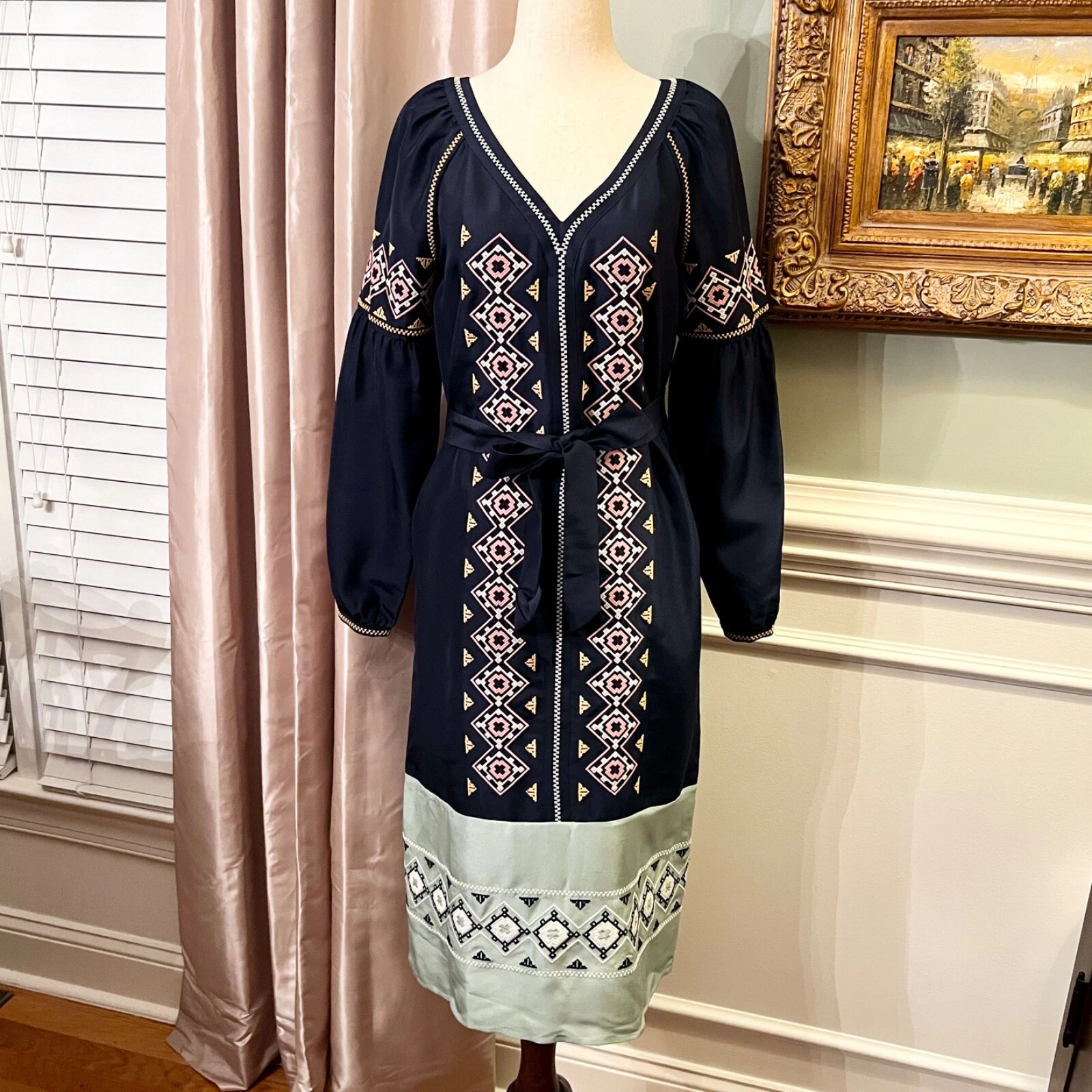 Abito a tunica ricamato stile midi Tory Burch Katya $450 nuovo con etichette verde navy taglia 0