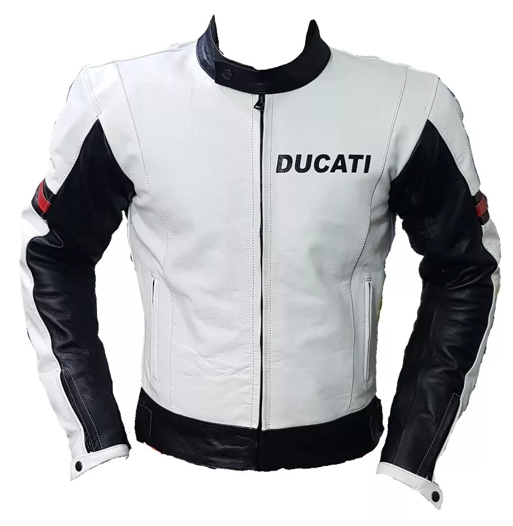 Ducati White Motorbike Leather Jacket In Pure Cow Hide/Ce Approved Protections