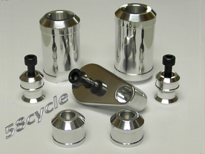 01-02 GSXR 1000 Polished NO CUT Frame Sliders SET with Swingarm Spools +Bar Ends