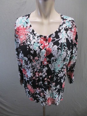 NWT Gnw Size L Womens Multicolor Floral Cotton Blend 3/4 Sleeve Comfy Top 339