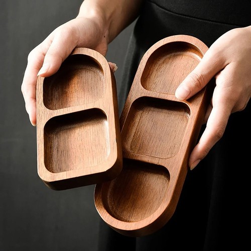 1Pcs 2/3/4 Grids Solid Wood Tray Breakfast Food Sushi Bread Dessert Sauce - Picture 5 of 15