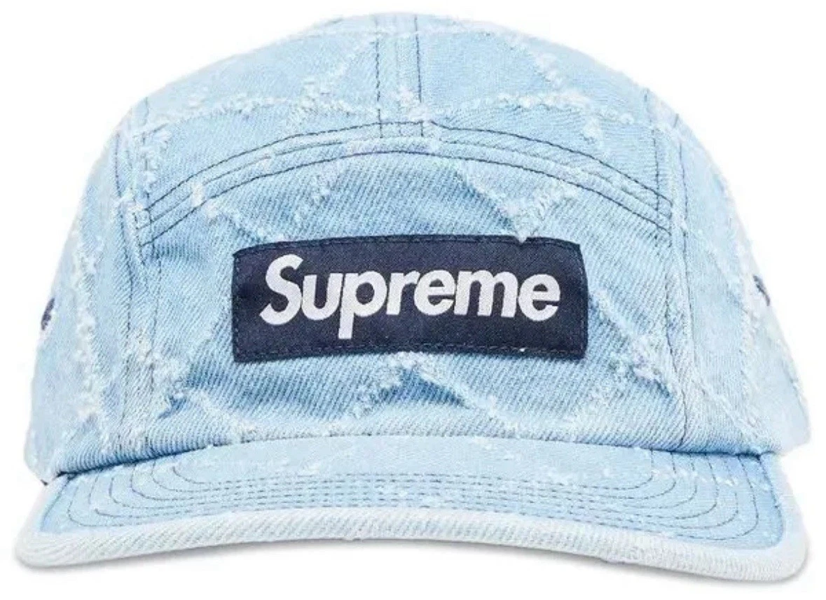 #556   OS   Casquette de camp en denim poinçonnée diamant suprême « délavé indigo » jean bleu