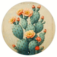 Cactus Flower Wall Art Green Cacti Orange Blooms Round Metal Sign