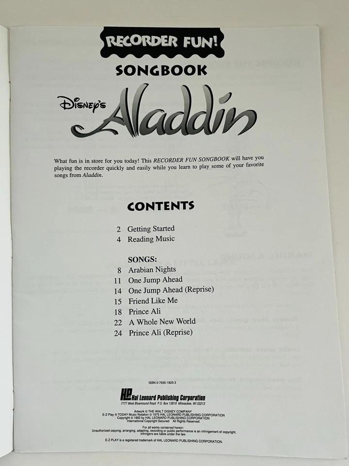 Disney's ALADDIN Recorder Fun Songbook with Easy Instructions Hal Leonard - Image 2 of 3