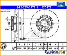 2 pieces brake disc PowerDisc ATE 24.0325-0172.1 for VW Skoda