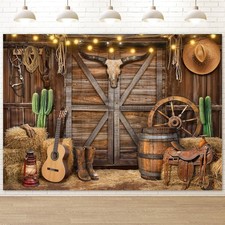 Western Cowboy Backdrop Banner, 8X6FT Wild West Rustic Wooden Barn House Phot...