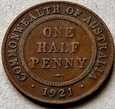 1921 Australia 🇦🇺 1/2 Half Penny World Foreign Coin KM 22 Nice Details!