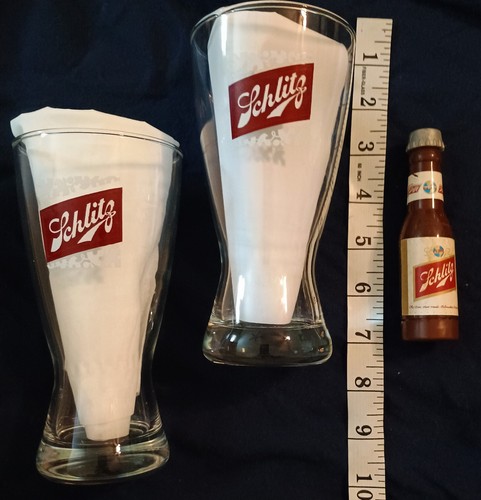 Vintage Schlitz Beer Drinking Glass ~ 6" Pilsner Glass Pair + Beer bottle Light