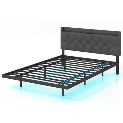 Full Size Floating Bed Frame with LED Lights Adjustable Upholstered Headboard