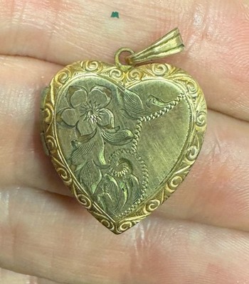 ANTIQUE VINTAGE L.S. CO 12K GOLD FILLED ETCHED FLOWER HEART SMALL LOCKET PENDANT