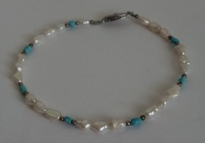 Freshwater White Seed Pearl & turquoise 10" Ankle Bracelet #27