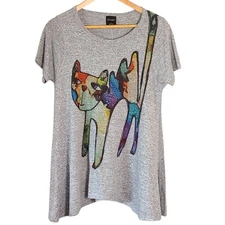 Inoah Graphic T-shirt Calico Cat Flowy Oversize Small Gray Assymetrical Skater