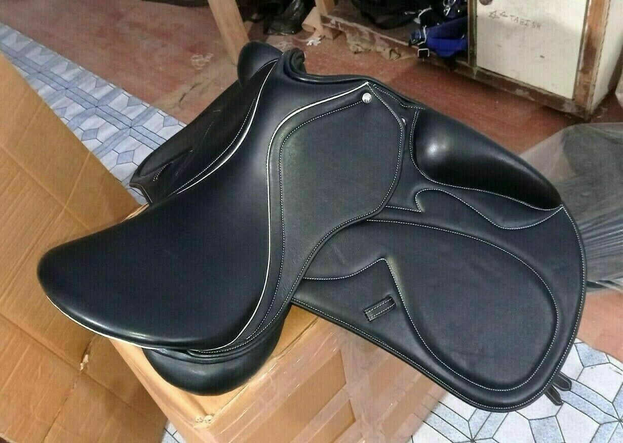 New Leather Dressage Double Flap Horse Saddle, Changeable Gullets Saddle 17"-18"