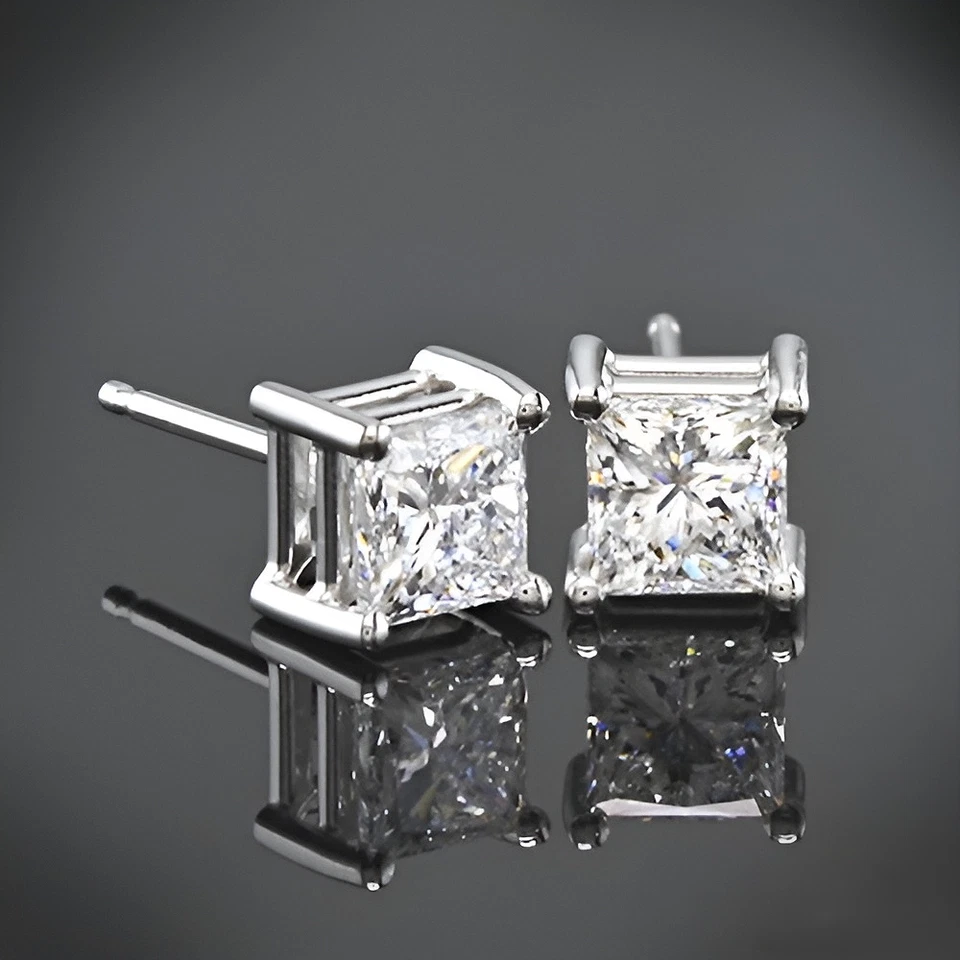 Women Studs Earring Diamond Princess Cut Lab Grown 2 Carat 18k White Gold - Image 2 of 4