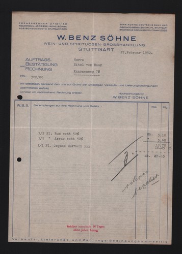 STUTTGART, Rechnung 1932, W. Benz Söhne Wein Spirituosen Grosshandlung