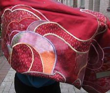 Red silk taffeta/organza/ LONG SHAWL/ embroidered zen motifs/reversible/58insL