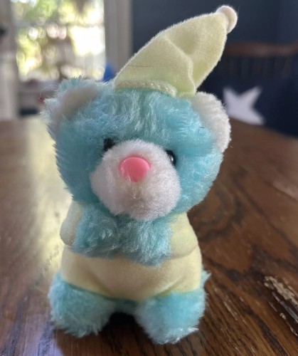 Vintage 1960er Jahre Dan Brechner blau gelb Plüschtier Kuscheltier Bär Schlafkappe