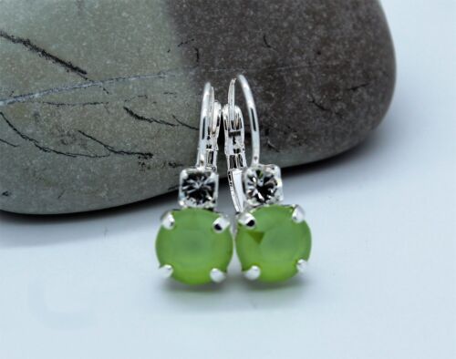 Silver Plated Lime Green/Clear Leverback Earrings with Swarovski Crystal Element - Picture 3 of 3