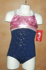CAPEZIO 10146C Double Strap Gymnastic Leotard Small Child Navy Foil Trim New