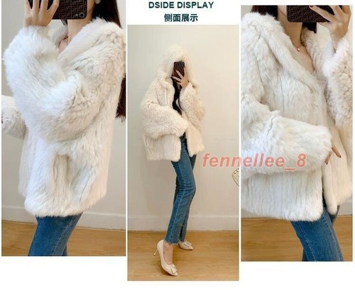 Womens Real Rabbit Fur Knitted Coat Casual Hooded Cardigan Jacket Batwing Sleeve - Picture 7 of 42
