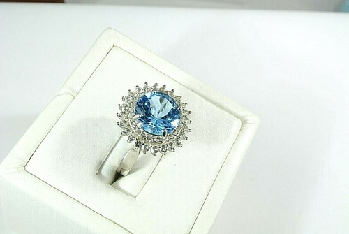 SWIS BLUE TOPAZ 10mm & WHITE TOPAZ ACCENTS RHODIUM OVER 925 SS HALO RING SIZE 7 - Picture 4 of 11