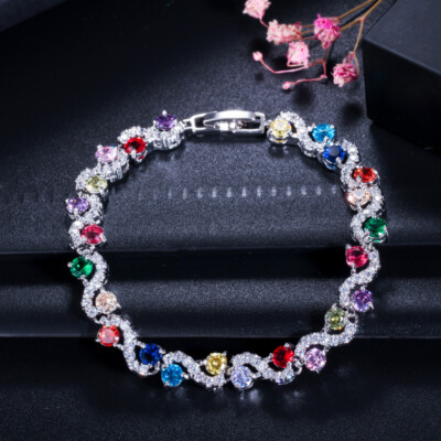 Silver Plated Rose Red Austrian Crystal CZ Cubic Zirconia Women Bracelet Bangle