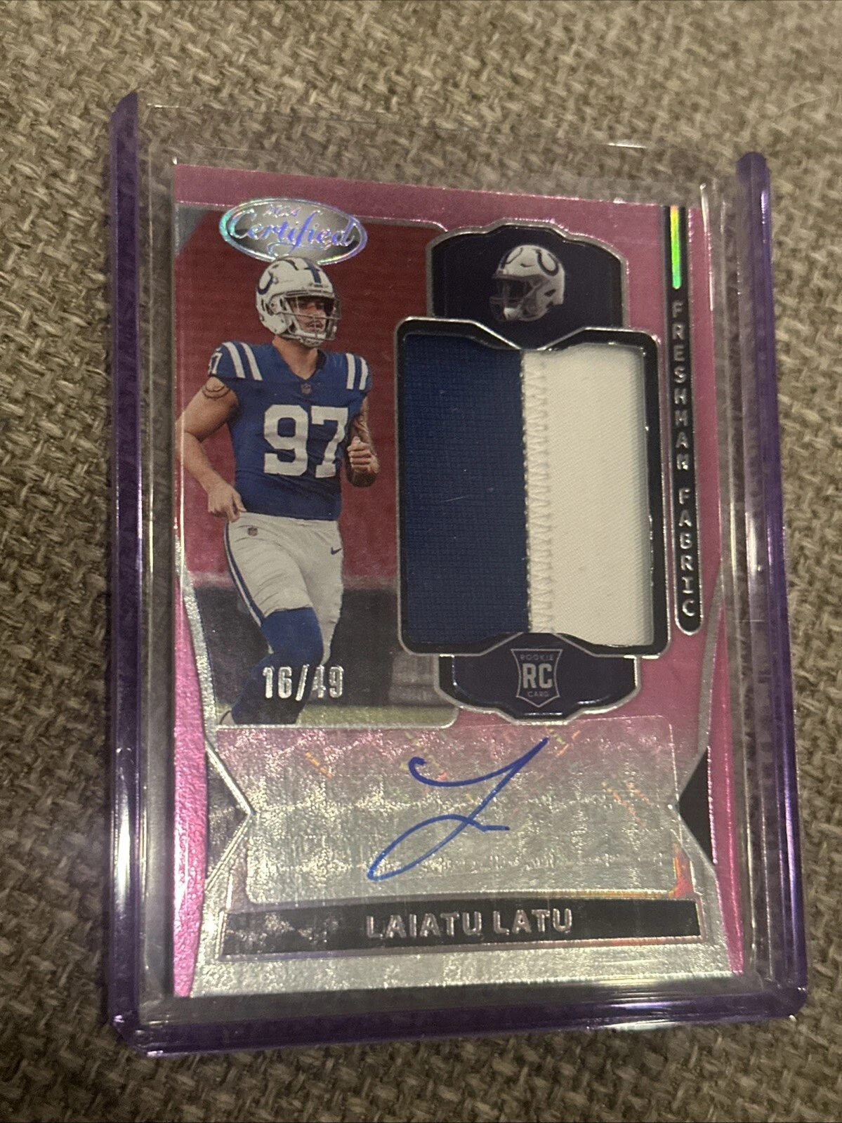 2024 Panini Certified Laiatu Latu Freshman Fabric Auto Pink /49 RPA RC Colts