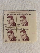 Ralph Bunche, 20 Cent Stamp PLATE BLOCK, MNH