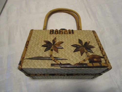 Cartera vintage de mimbre-ratán-bambú forrada con tafetán HAWAI años 50 - Imagen 12 de 14