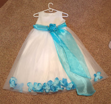 Girl's Kids Dream Midi length White Aqua Party Dress w/ floral petals size 12