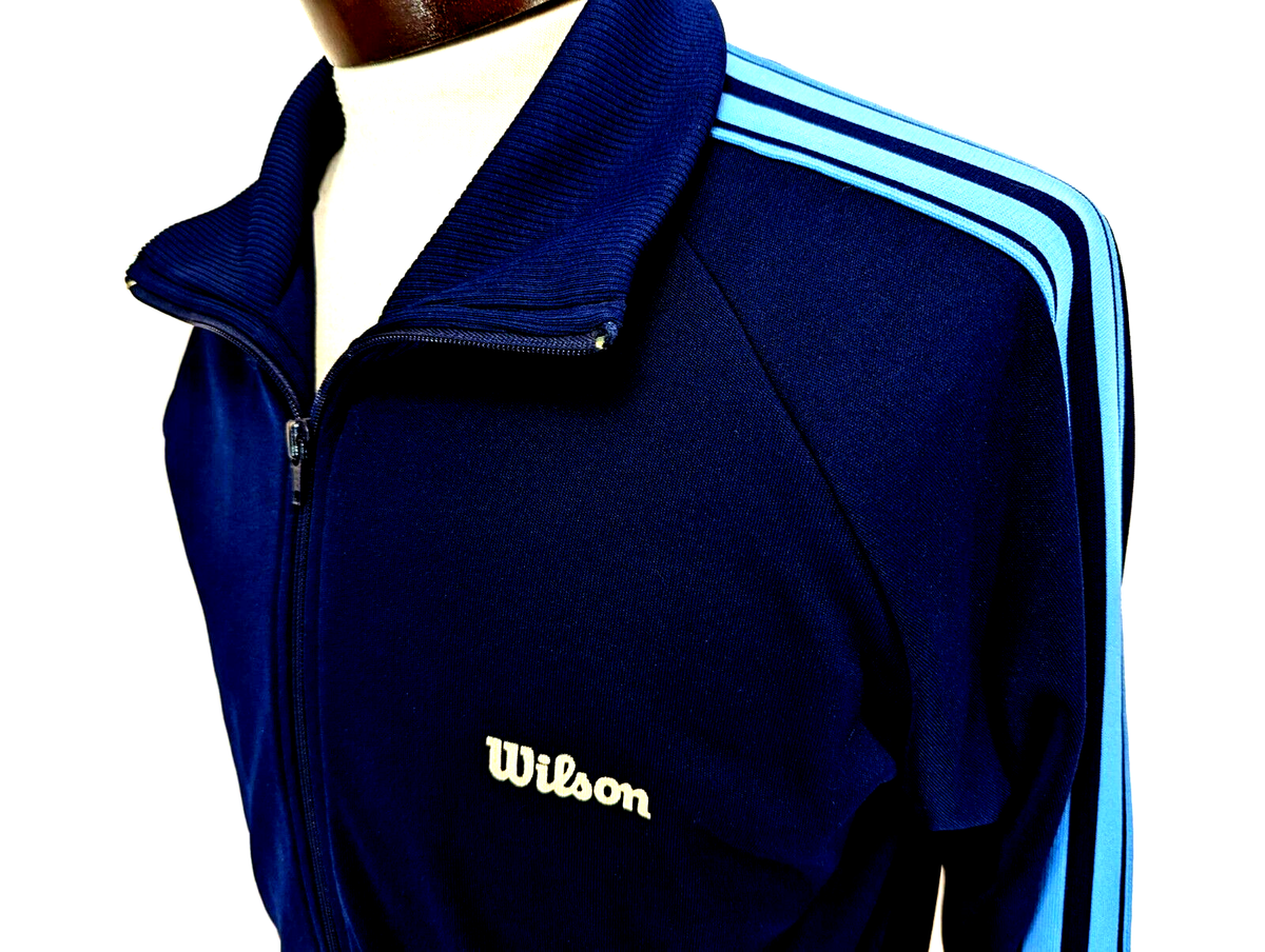 Vtg 80s Wilson Men's Blue Striped Full Zip Track Jacket Logo