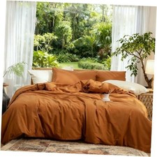 100 Washed Cotton Duvet Cover Set Super Soft Twin 68" x 90" Burnt Orange